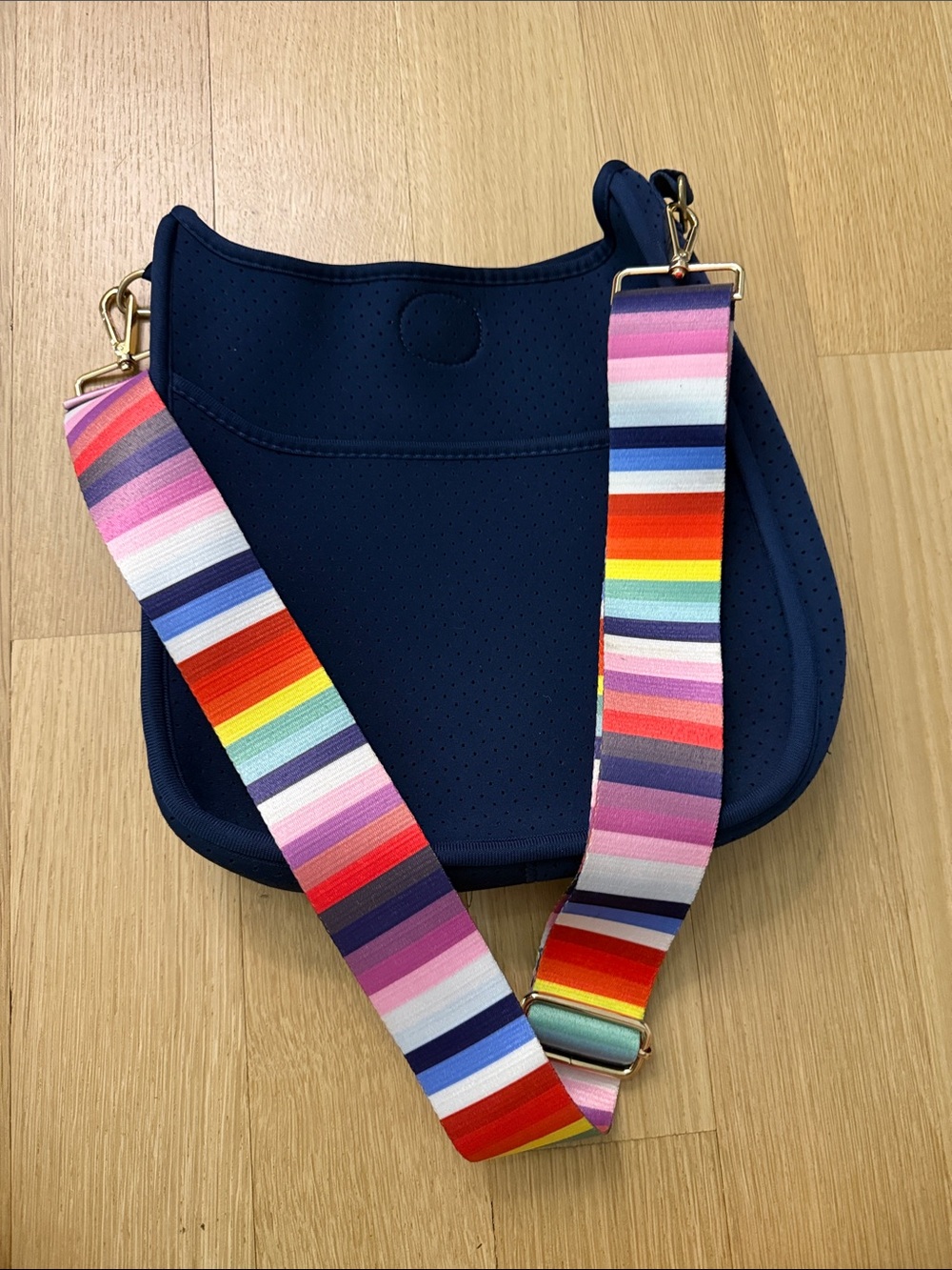 Navy Crossbody Bag with Multicolor Stripe Strap